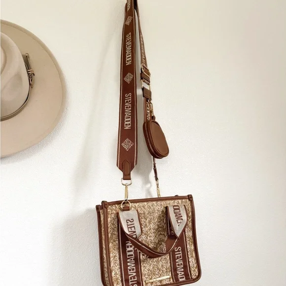 Steve Madden Brown Woven Logo-Trim Crossbody Bag - Picture 2 of 6